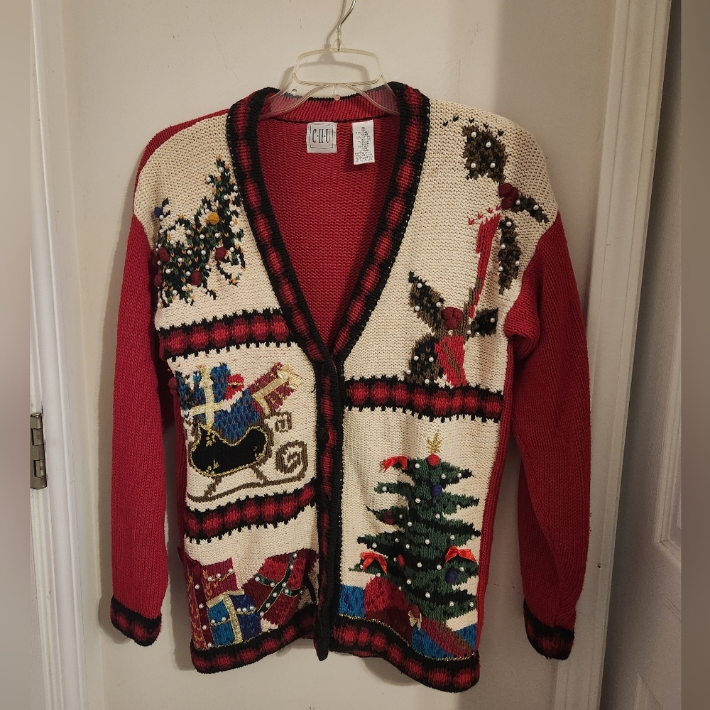 CHU Vintage Christmas Red  Cardigan Sweater. Size Small